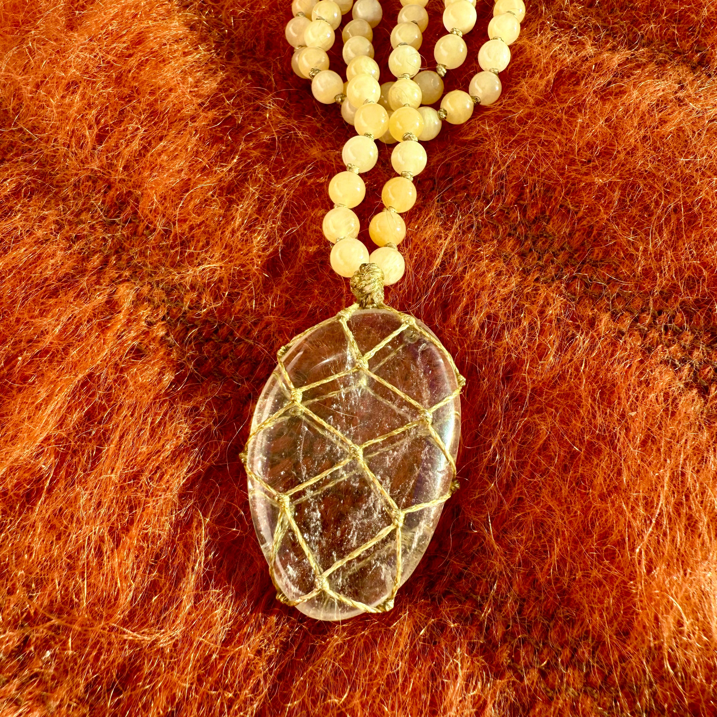 Sautoir Calcite Orange et Cristal de Roche M