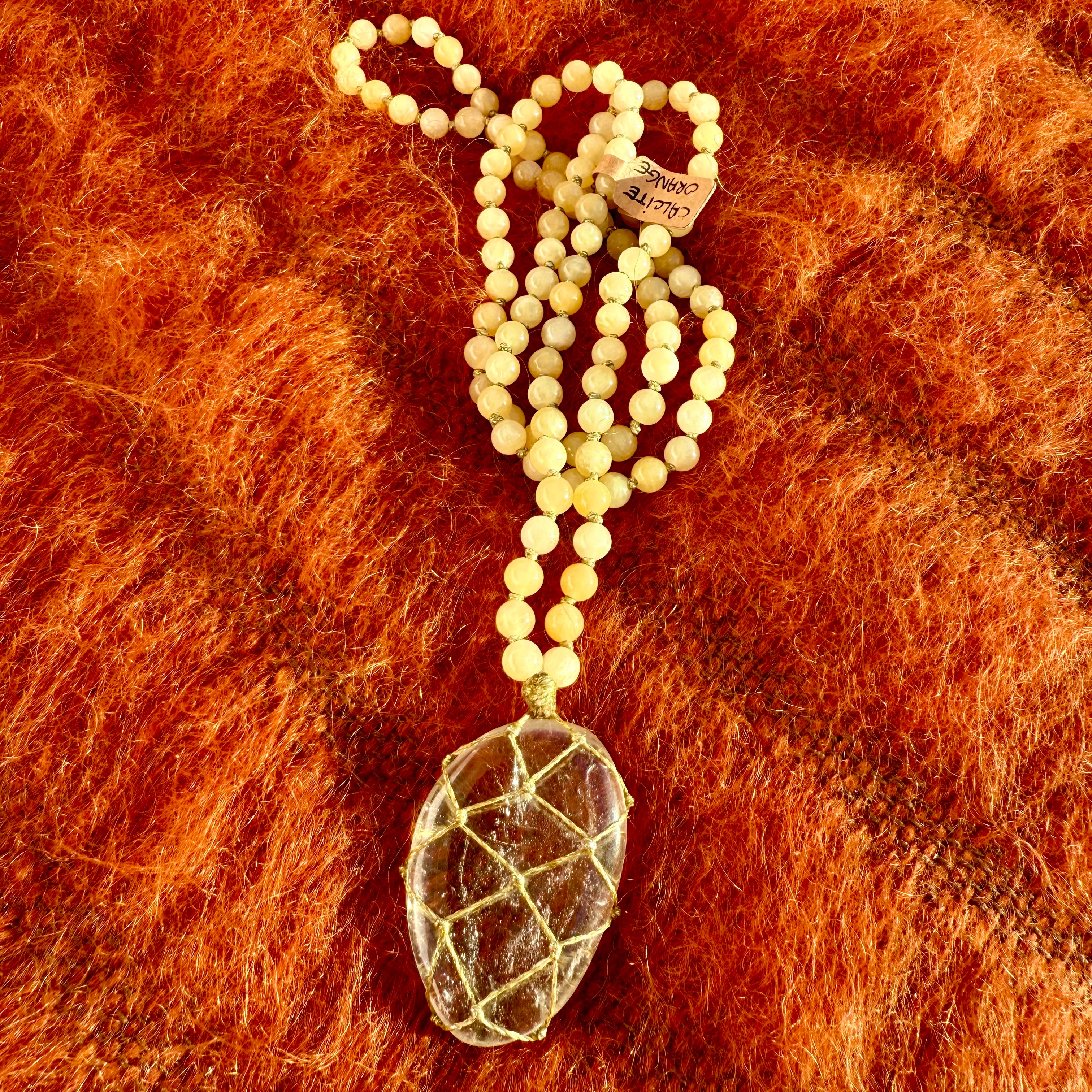 Sautoir Calcite Orange et Cristal de Roche M
