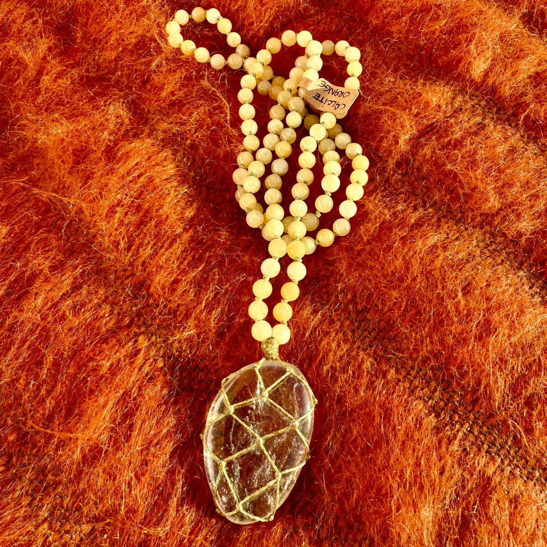 Sautoir Calcite Orange et Cristal de Roche M