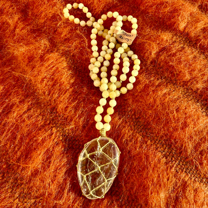 Sautoir Calcite Orange et Cristal de Roche M