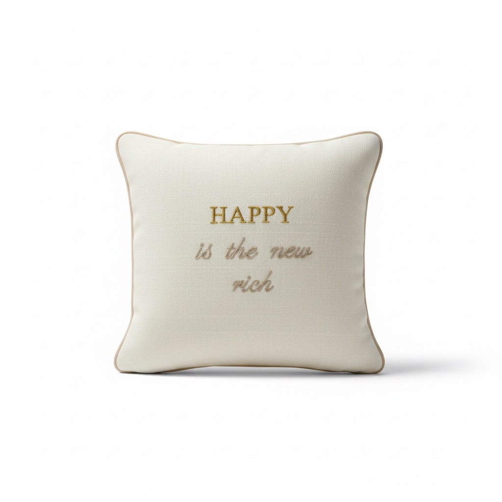 Coussin Brodé "Happy is the New Rich"